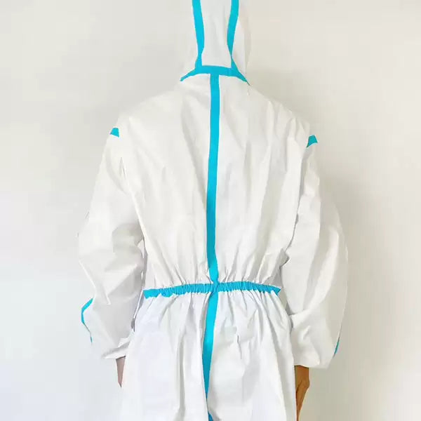 Rear view of disposable protective coverall suit showing elastic waist, hood, and full-body coverage.