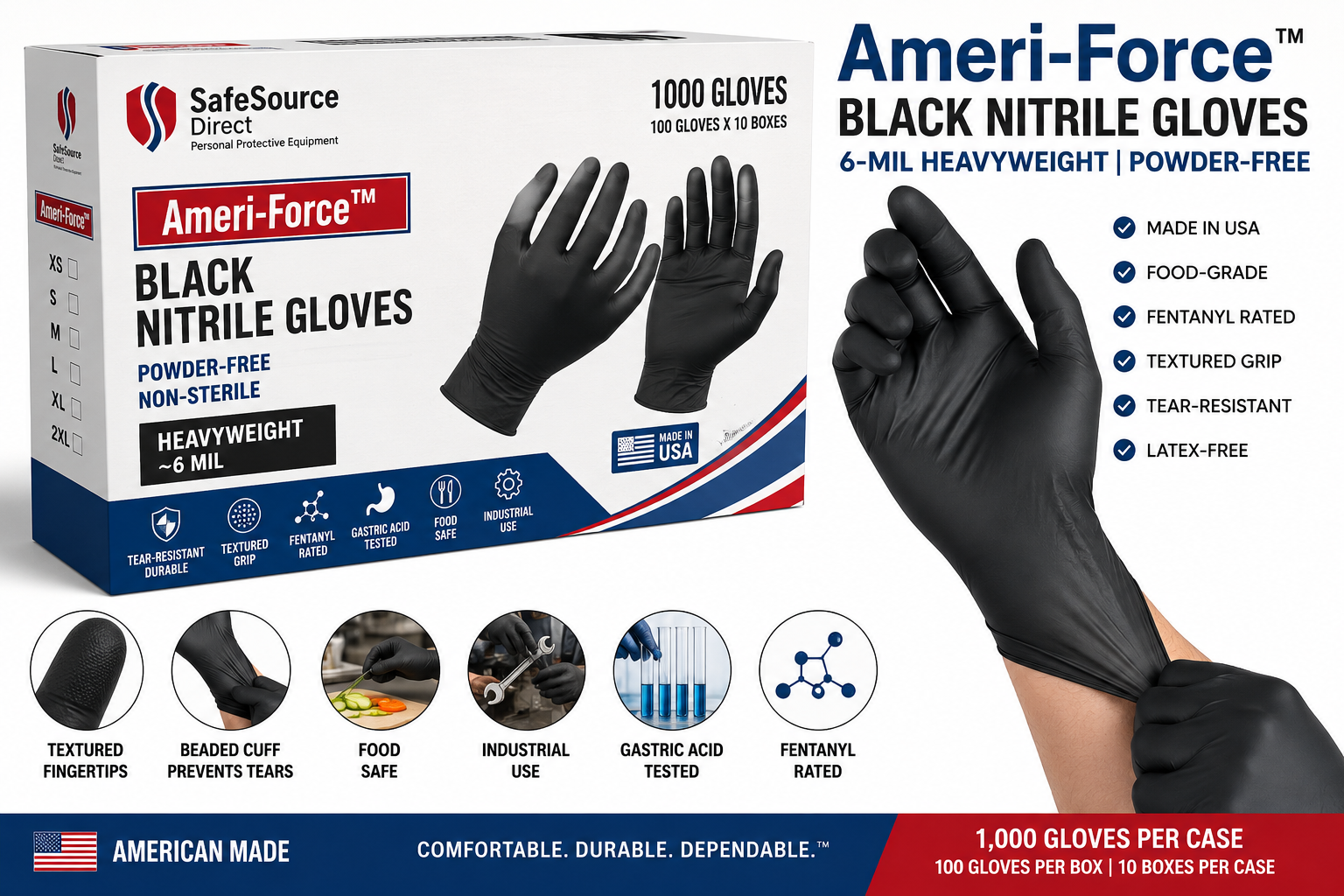 Ameri-Force Black Nitrile Gloves – 6 Mil Heavyweight Powder-Free | 1,000 Gloves/Case