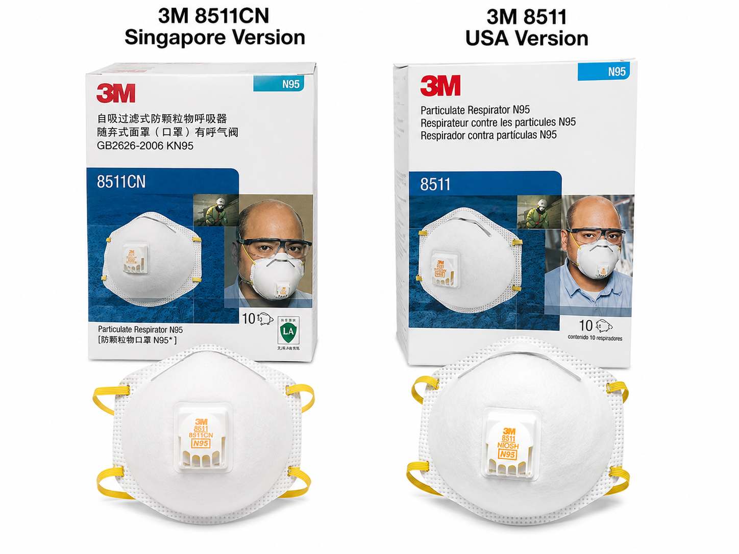 3M 8511CN Singapore Version vs USA 3M 8511 N95 Respirator Comparison with Valve Masks and Retail Boxes