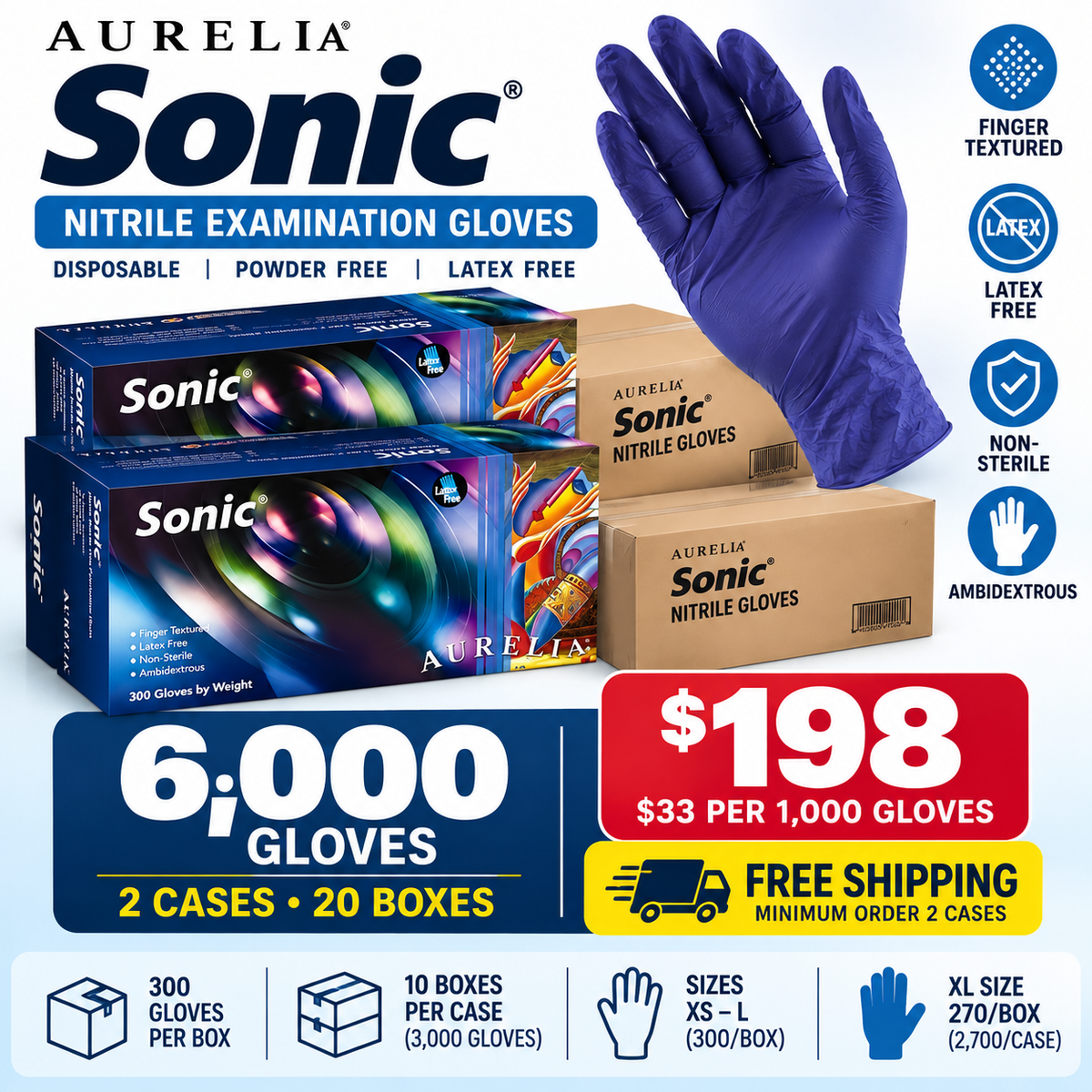 Aurelia Sonic Nitrile Exam Gloves – Large (L) | 6,000 Gloves | 2 Cases