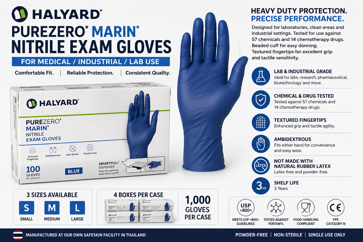 HALYARD PUREZERO MARIN Blue Nitrile Exam Gloves – 6 Mil | 1,000 Gloves/Case