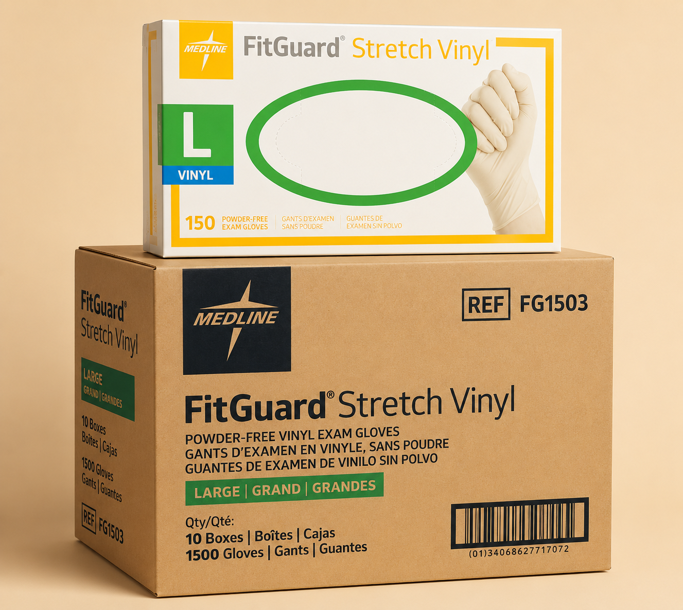 Box of Medline FitGuard Stretch Vinyl exam gloves on a beige background