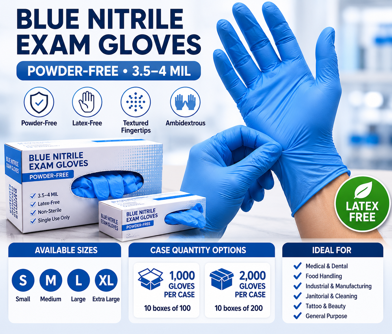 Blue nitrile exam gloves with packaging and information on a white background
