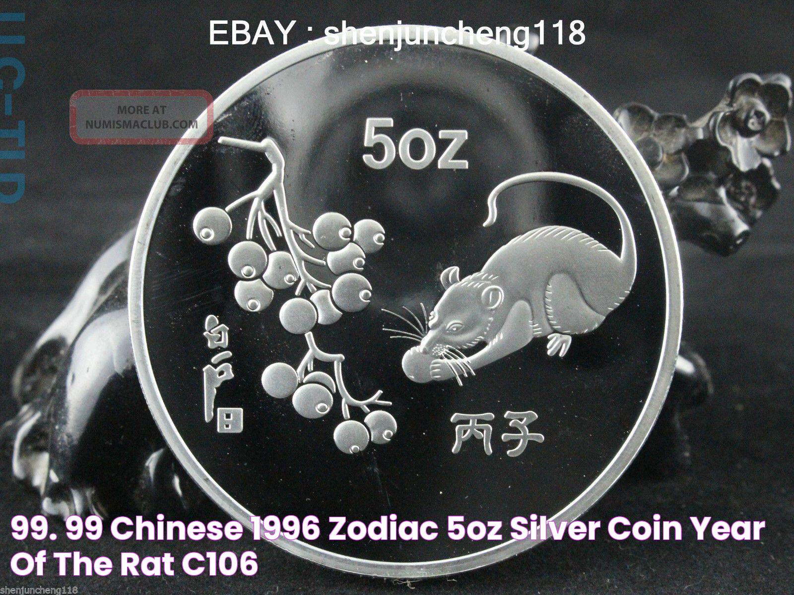 99. 99 Chinese 1996 Zodiac 5oz Silver Coin Year Of The Rat C106