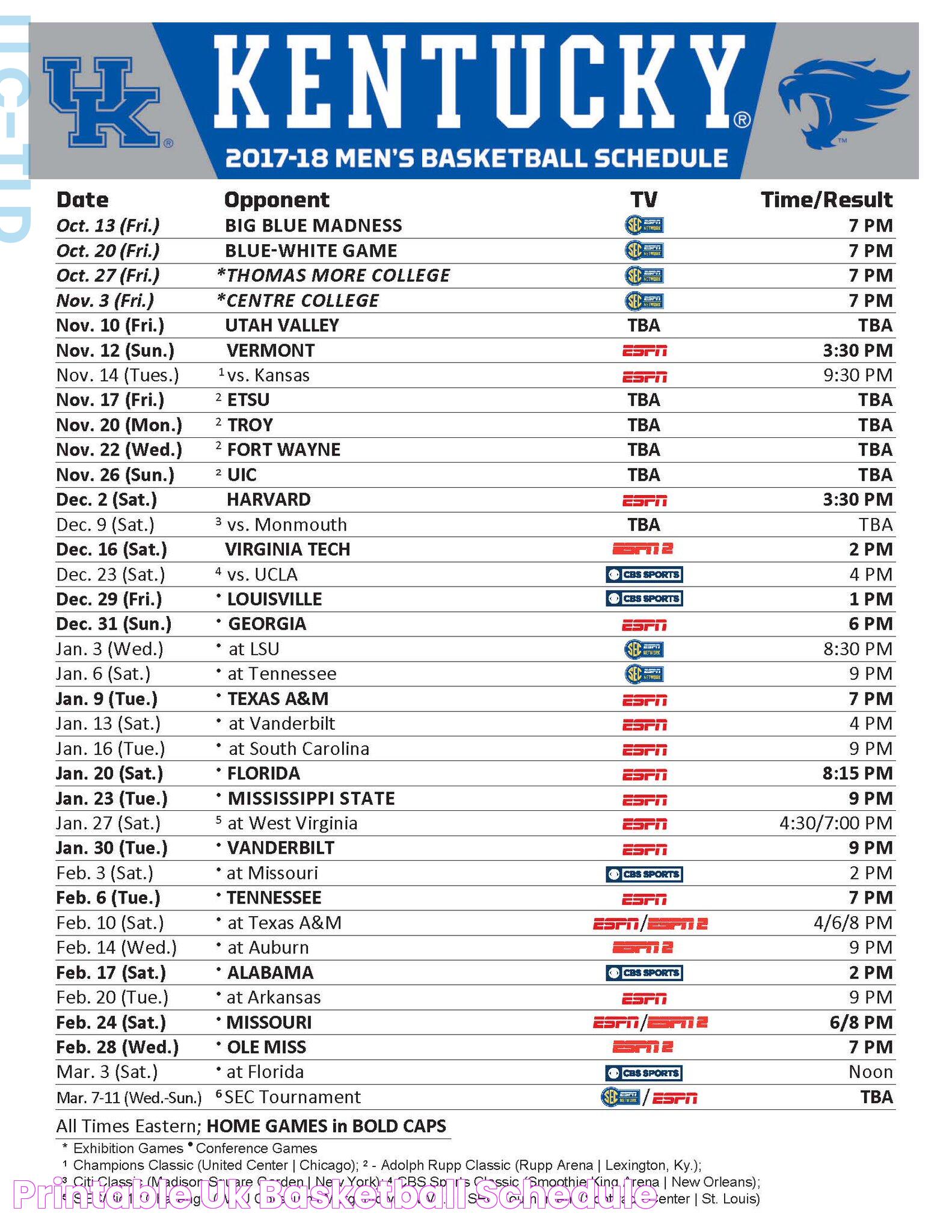 Printable Uk Basketball Schedule