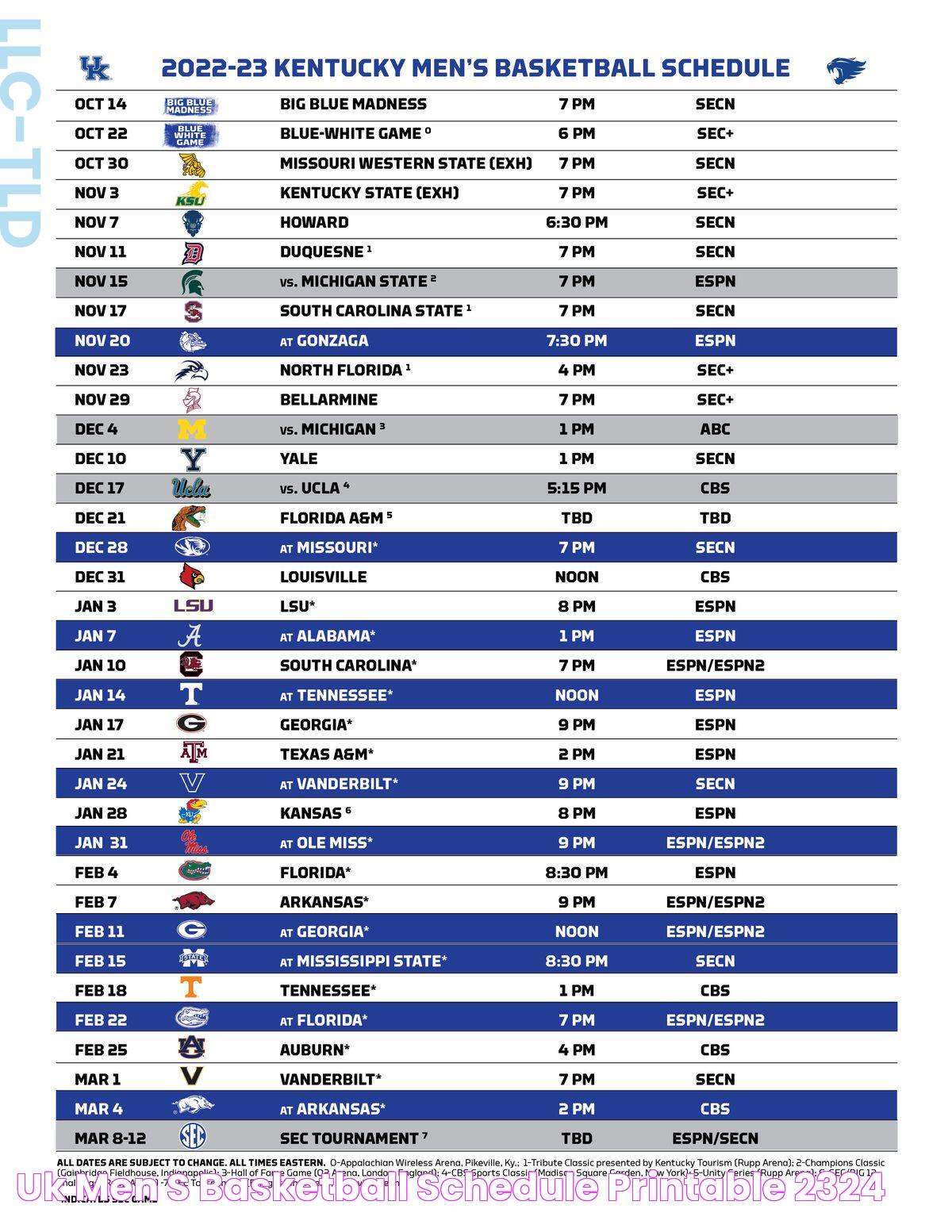 Uk Men's Basketball Schedule Printable 2324